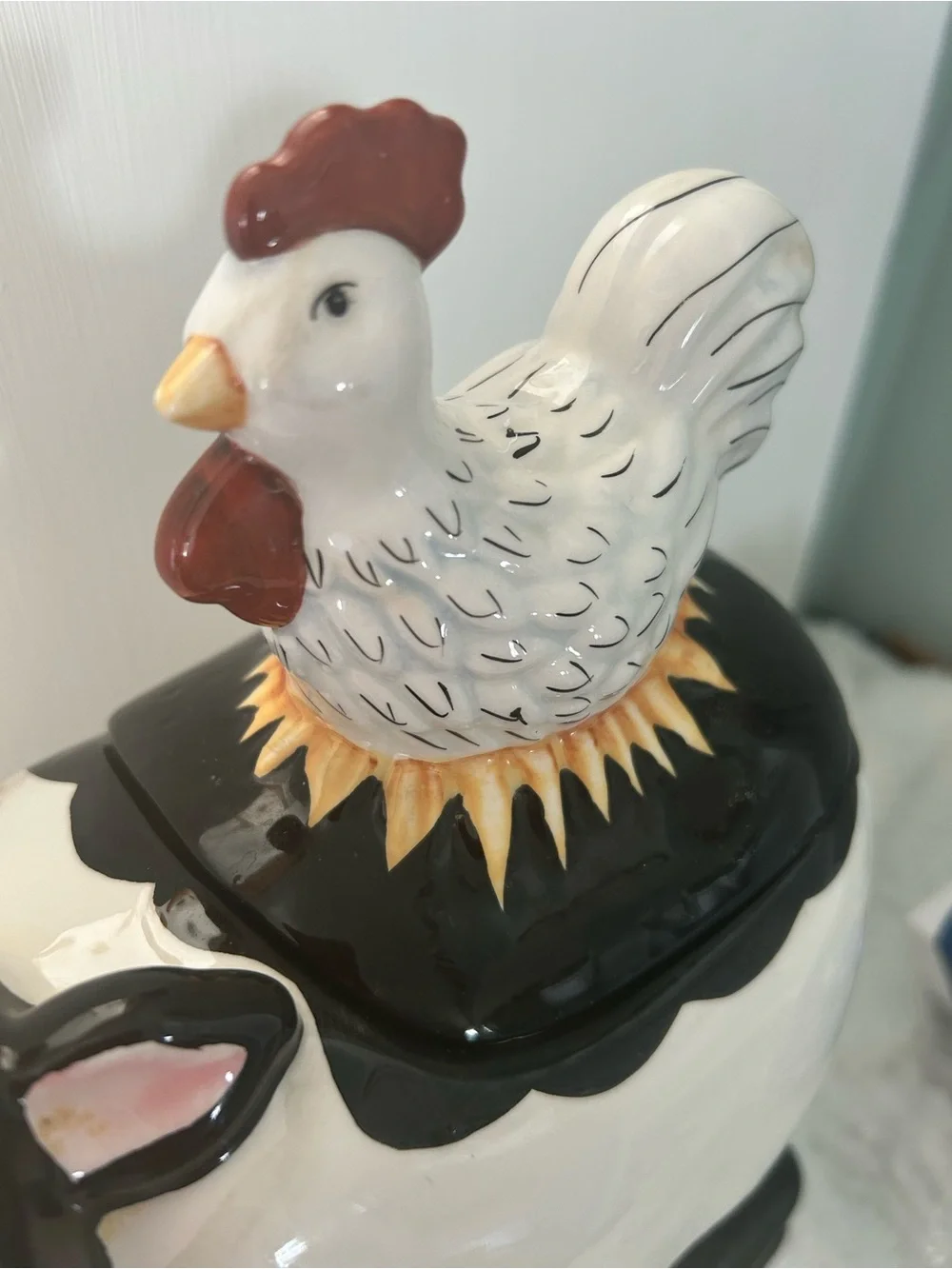 Rare Find Holstein Cow & Rooster Ceramic Cookie Jar - White, Black & Yellow
